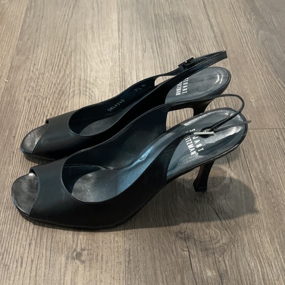 Stuart Weitzman Black Leather Open Toe Slingback - Picture 3 of 9